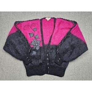 Crocodile Sweater Womens Large Pink Mohair Dolman Cardigan Floral Embroidered